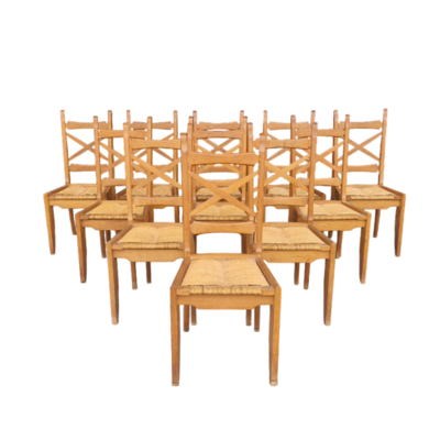 Mid Century straw dining chairs by Guillerme et Chambron, set of 11