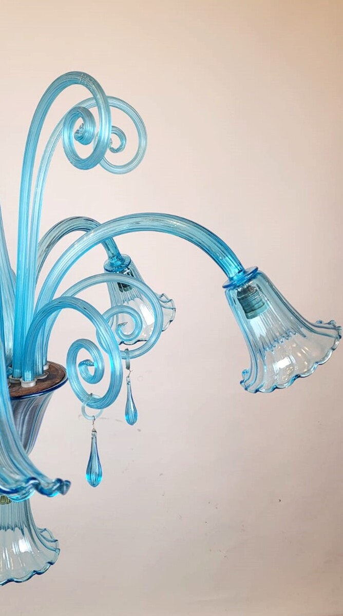 Murano Blue Glass Chandelier - 5 Arms Of Light, 1940s