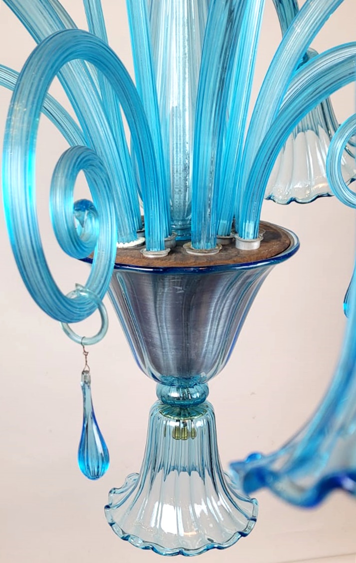 Murano Blue Glass Chandelier - 5 Arms Of Light, 1940s