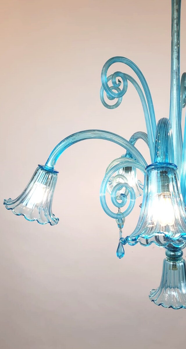 Murano Blue Glass Chandelier - 5 Arms Of Light, 1940s