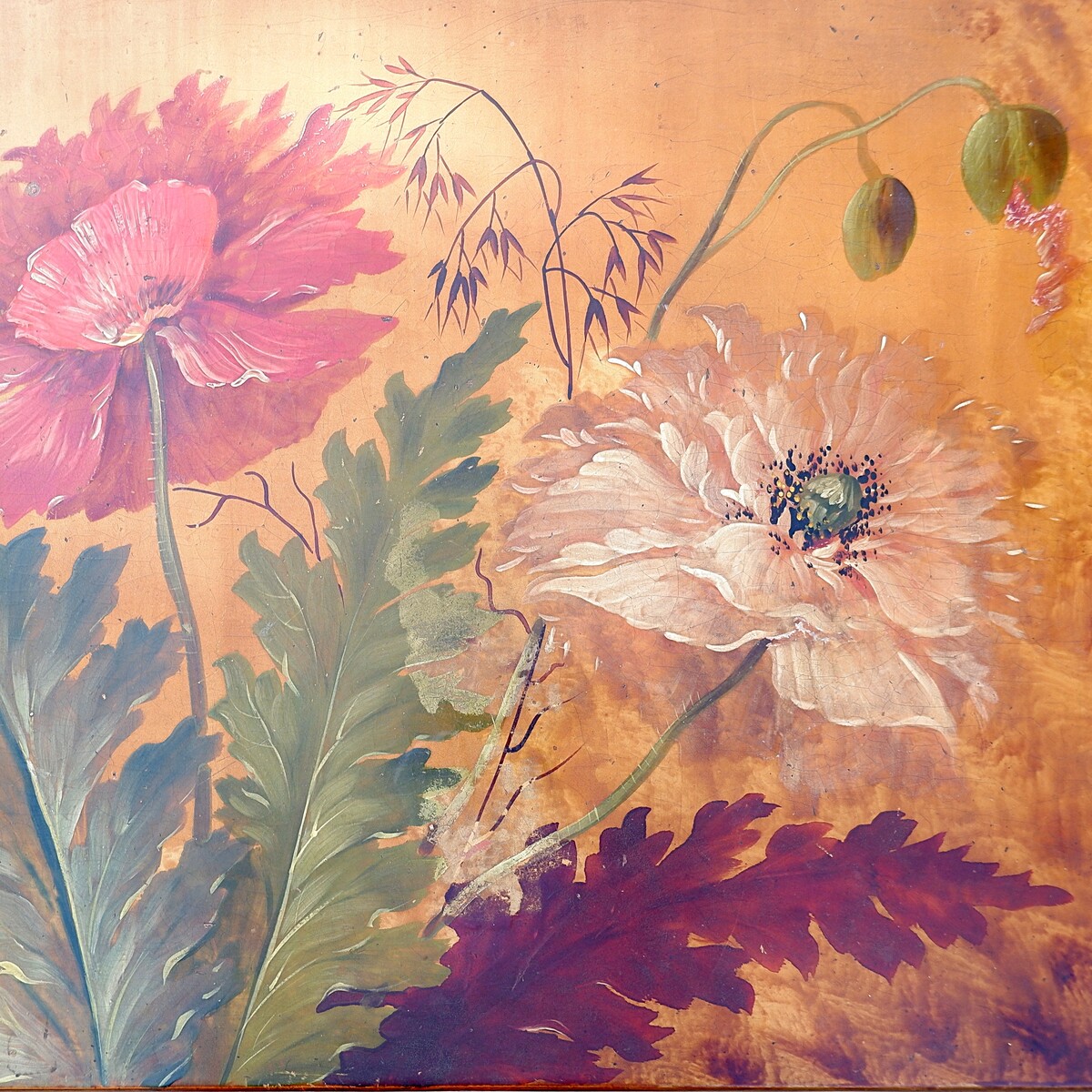 Nesting tables in lacquered wood with tops painted with polychrome flowers 19th
