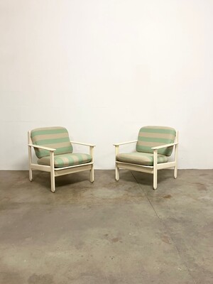 Pair of armchairs in white lacquered wood and wide striped fabric, Italy, 1970s