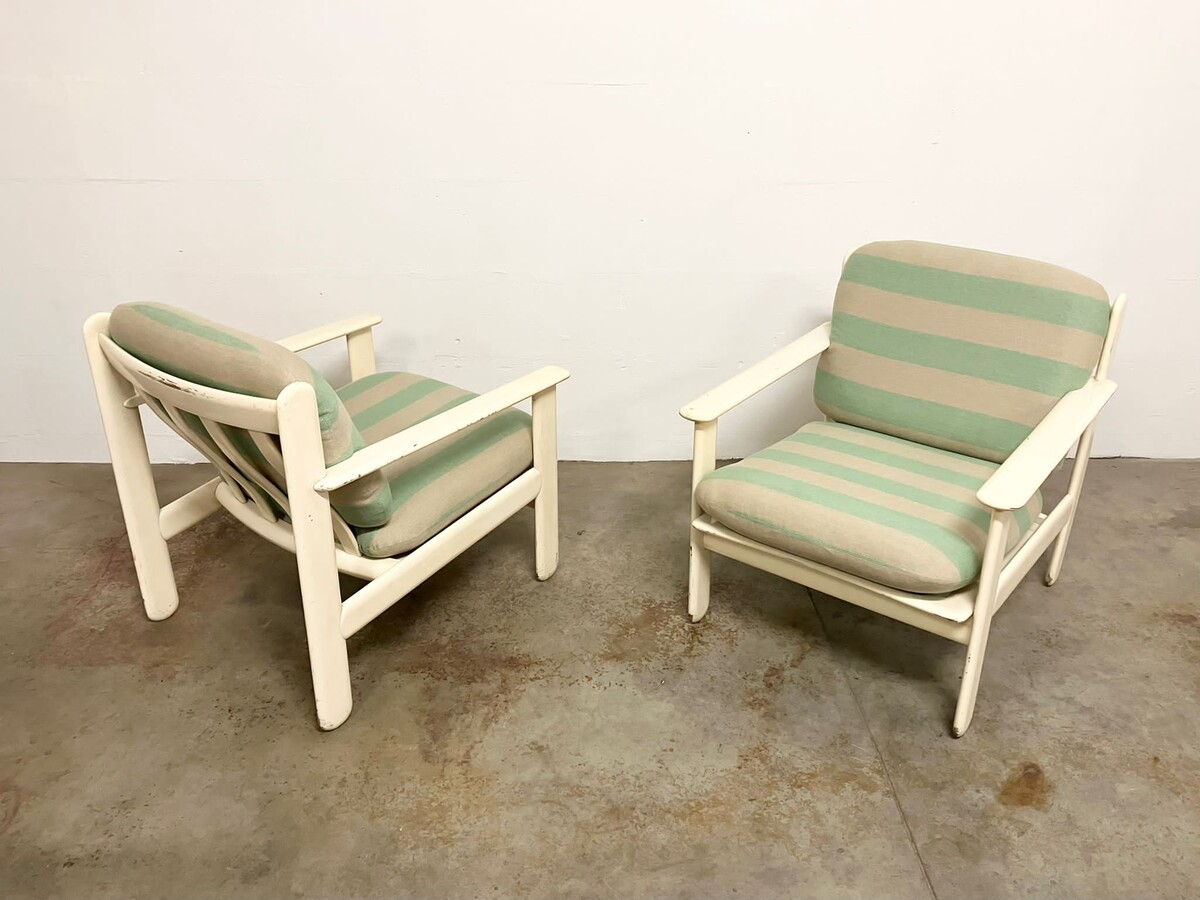 Pair of armchairs in white lacquered wood and wide striped fabric, Italy, 1970s