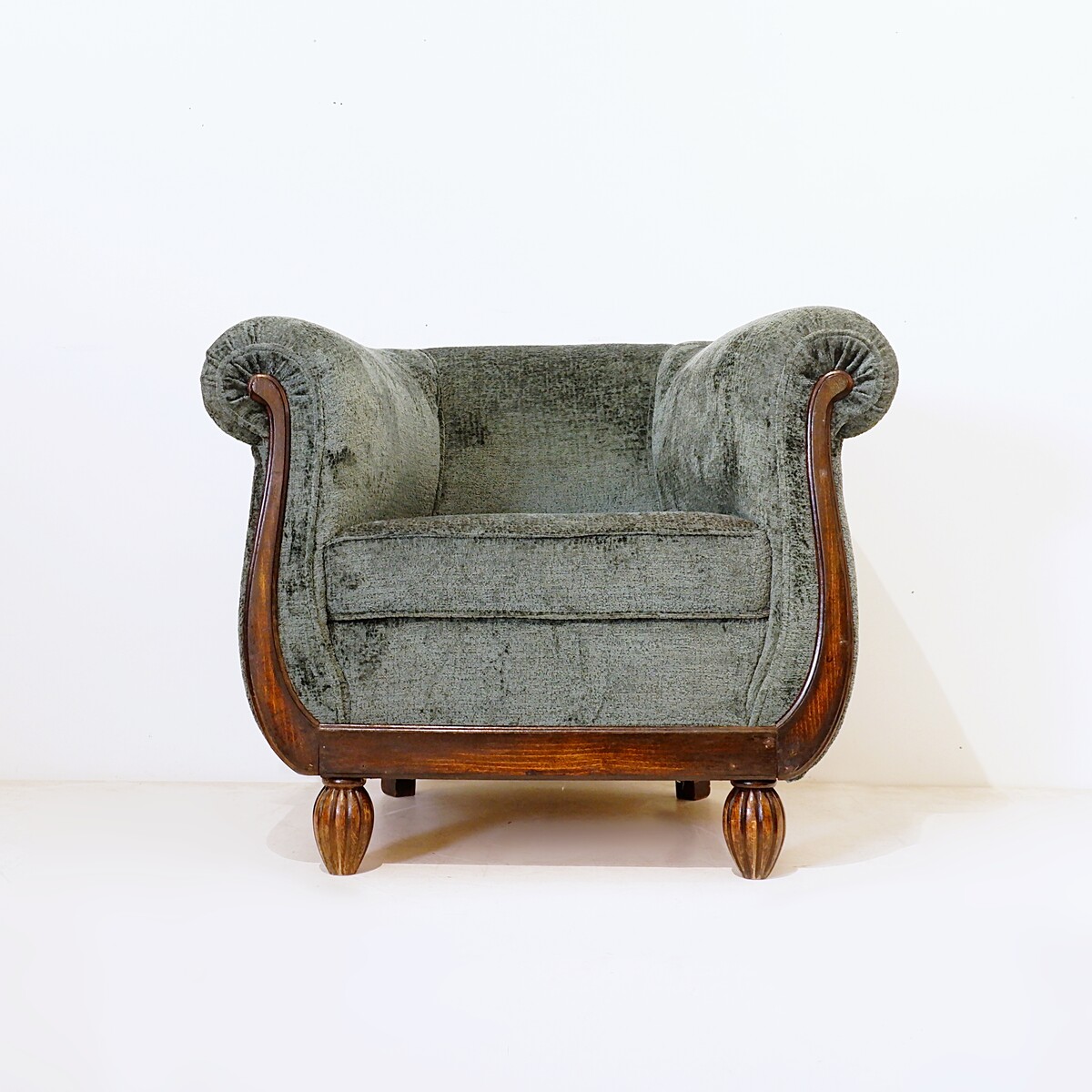 Pair of Art Deco club chairs – newly upholstered in green textured velvet