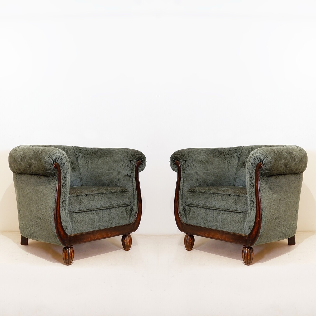 Pair of Art Deco club chairs – newly upholstered in green textured velvet