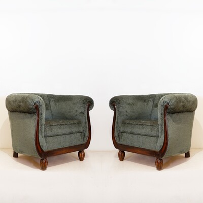 Pair of Art Deco club chairs – newly upholstered in green textured velvet