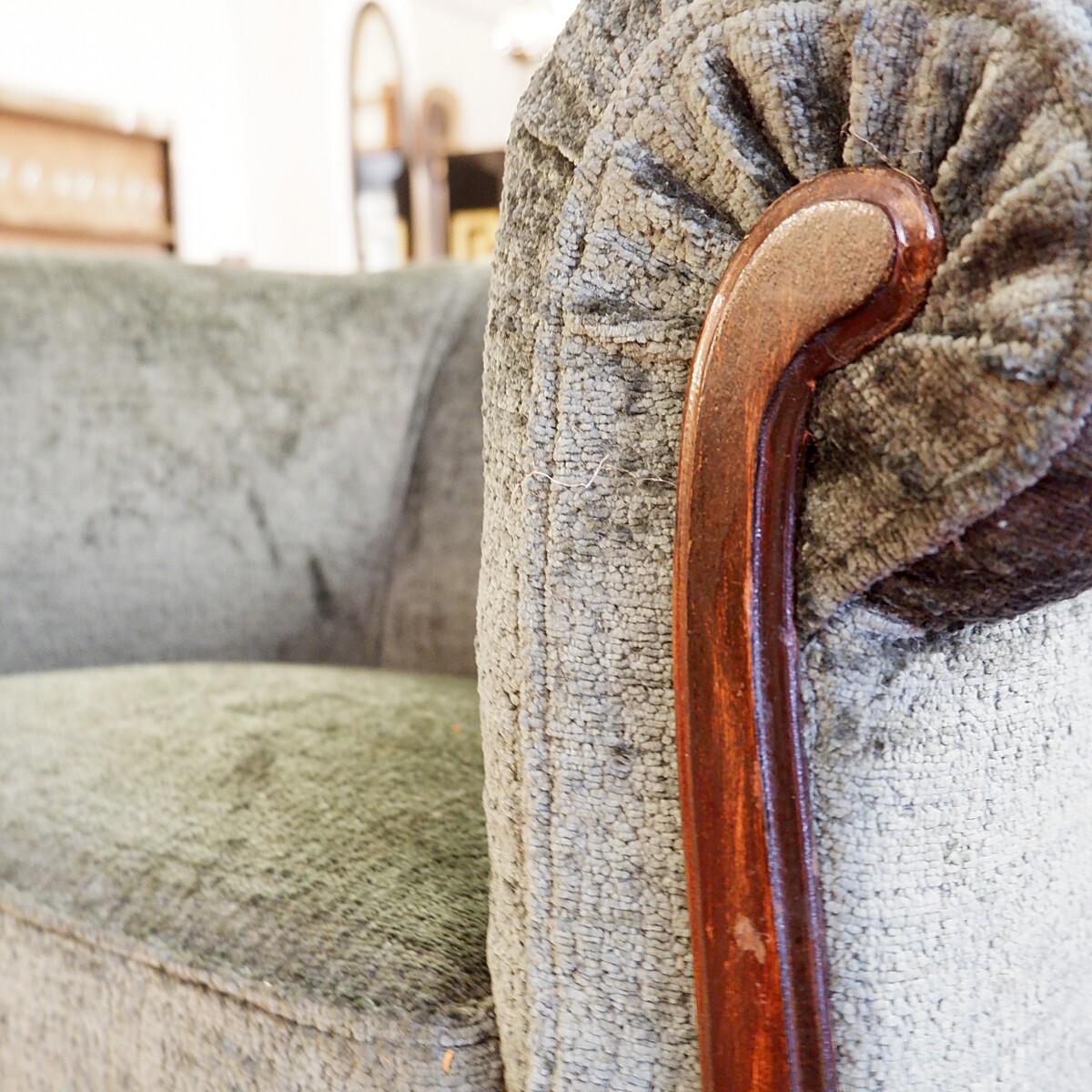 Pair of Art Deco club chairs – newly upholstered in green textured velvet