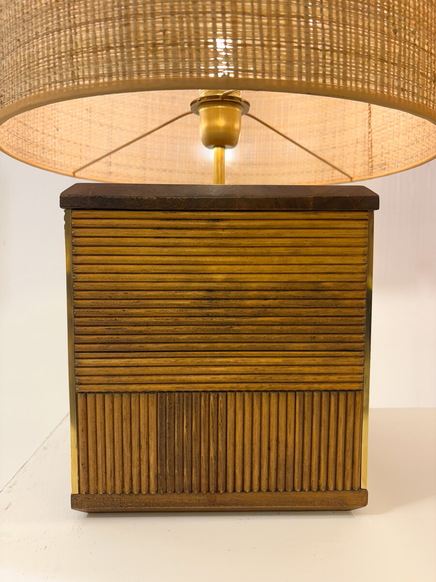 Pair of Contemporary Table Lamps, Brass and Wood, Italy