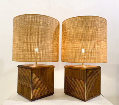 Pair of Contemporary Table Lamps, Brass and Wood, Italy