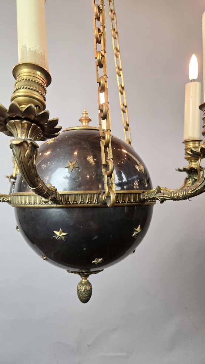 Pair of Empire Chandeliers in Sheet Metal, Bronze and Brass, 19th