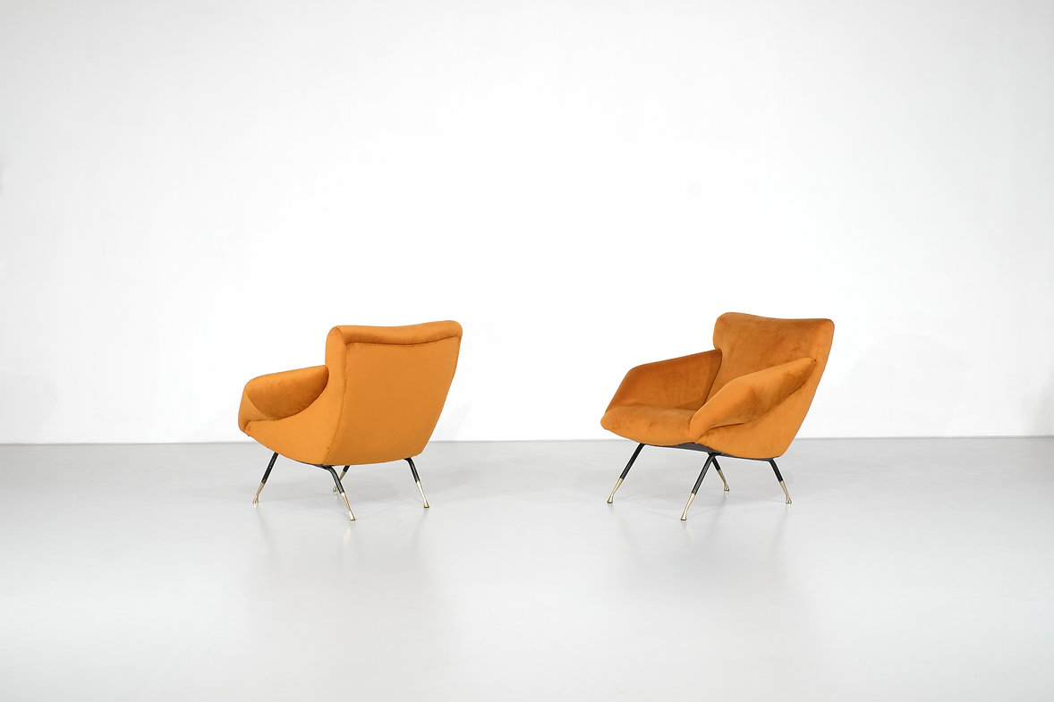 Pair of orange velvet armchairs, Italy 1960's