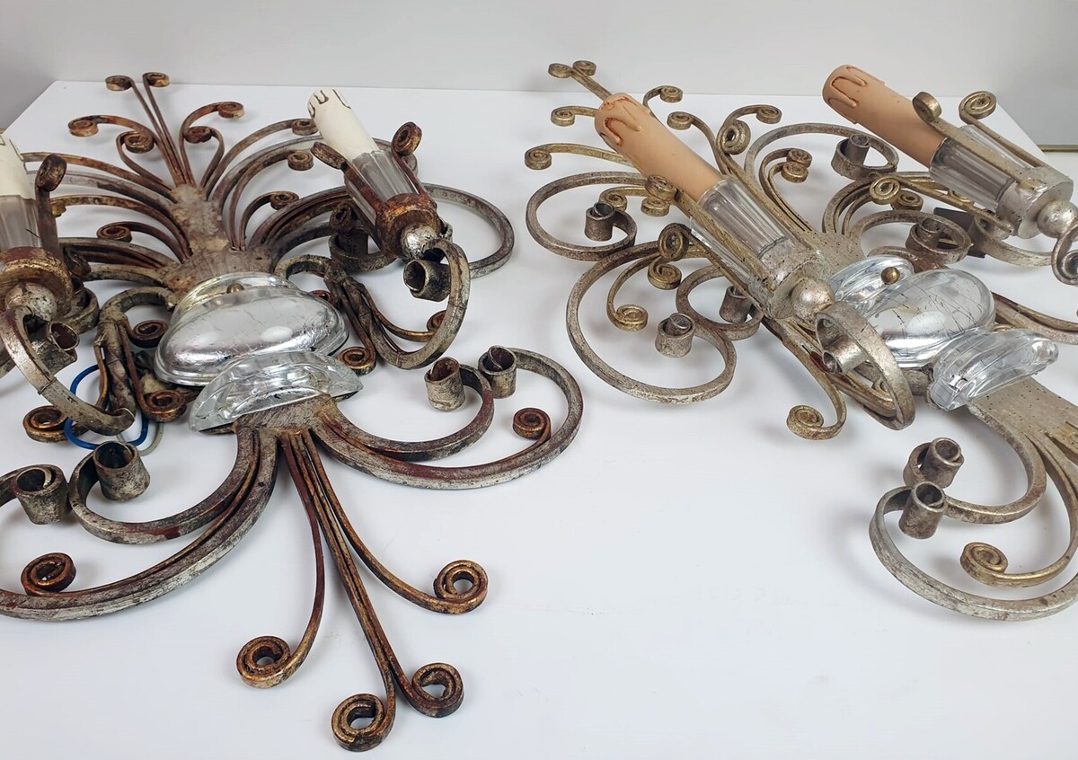 Pair of Silver Wrought Iron And Glass Wall Lights by Banci , Italy, 1940s