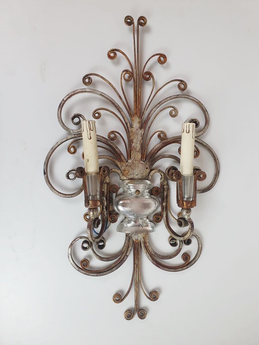 Pair of Silver Wrought Iron And Glass Wall Lights by Banci , Italy, 1940s