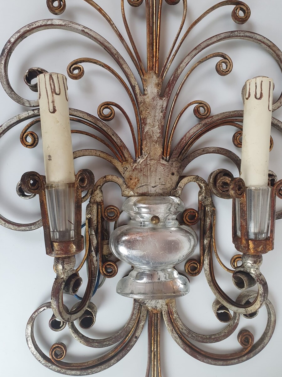 Pair of Silver Wrought Iron And Glass Wall Lights by Banci , Italy, 1940s