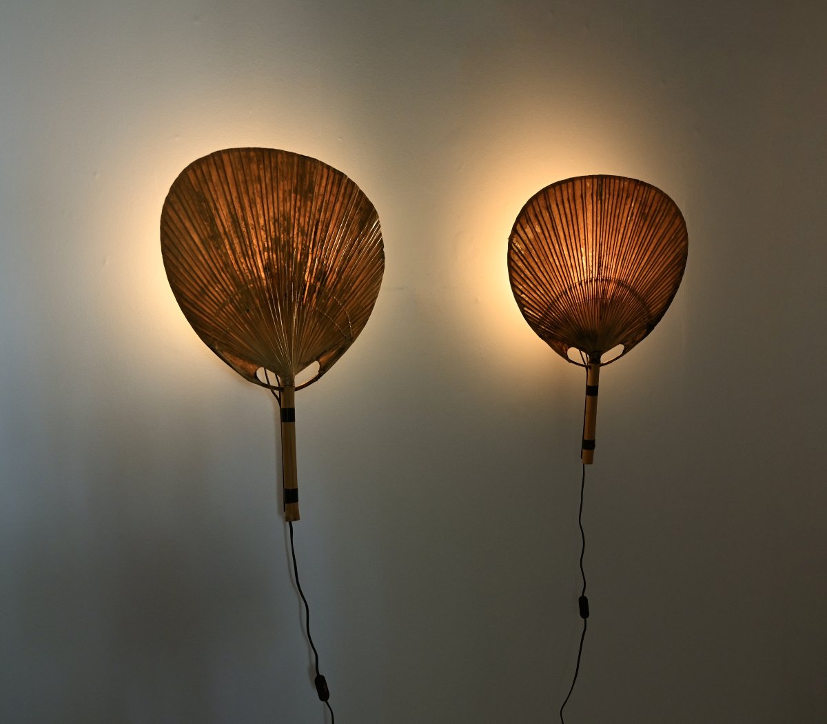 Pair of Uchiwa wall lamps by Ingo Maurer for M design, 1970s