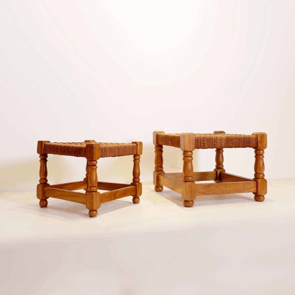 Pair of vintage brutalist stools or footrests in rope and wood, 1960s