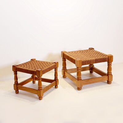Pair of vintage brutalist stools or footrests in rope and wood, 1960s