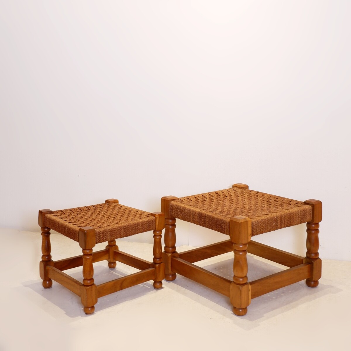Pair of vintage brutalist stools or footrests in rope and wood, 1960s