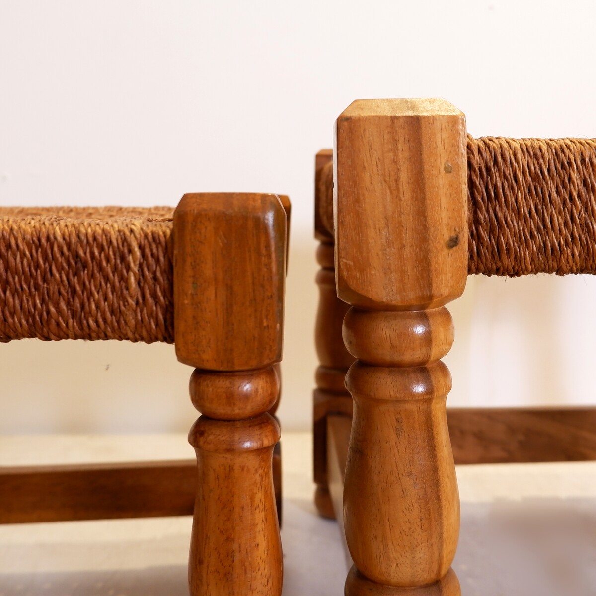 Pair of vintage brutalist stools or footrests in rope and wood, 1960s