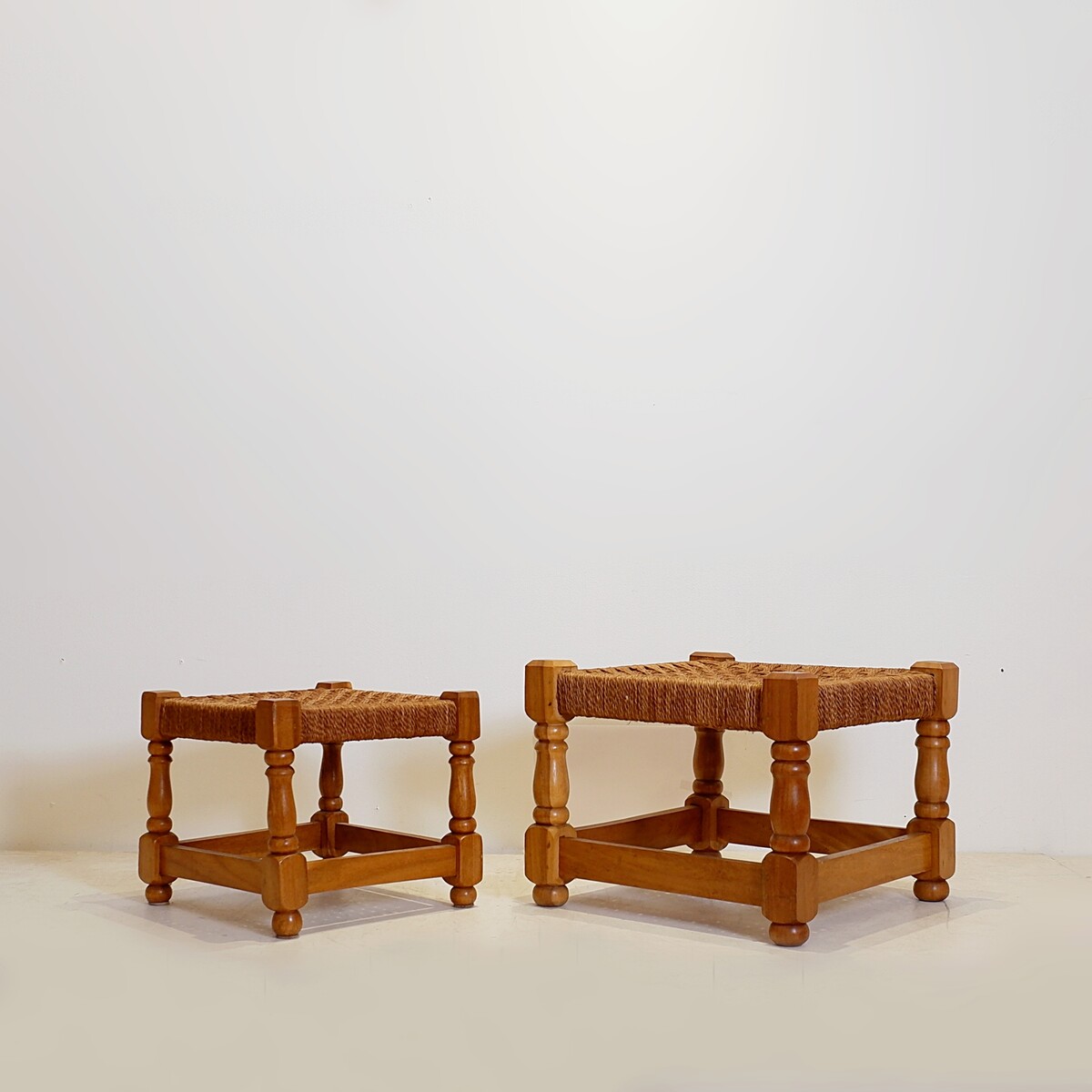 Pair of vintage brutalist stools or footrests in rope and wood, 1960s