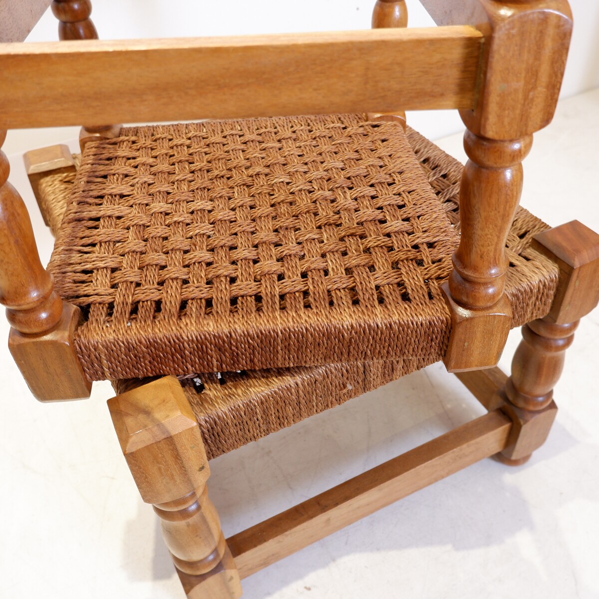 Pair of vintage brutalist stools or footrests in rope and wood, 1960s