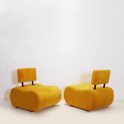 Pair of vintage lounge chairs with new yellow corduroy upholstery
