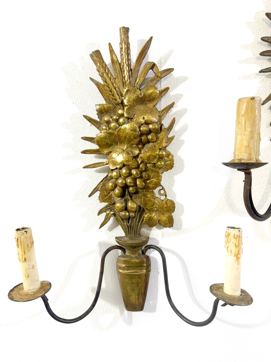Pair of Wall Light Representing a Fruit Basket, Wrought iron and Bronze