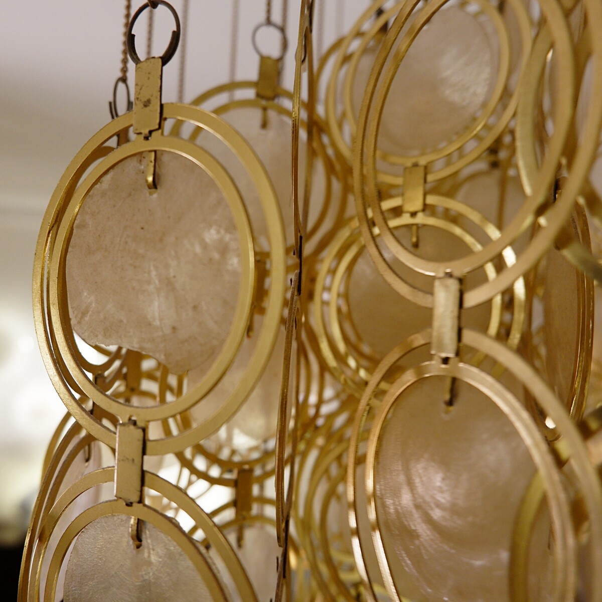 Pendant Light Chandelier Panton style with mother-of-pearl discs and laiton circles.