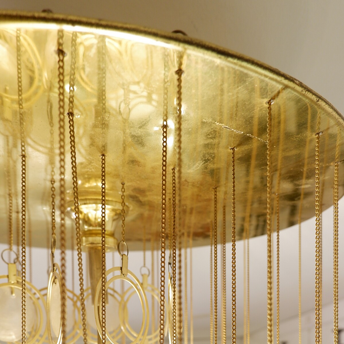 Pendant Light Chandelier Panton style with mother-of-pearl discs and laiton circles.