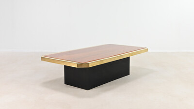 Red Travertine and Brass Coffee Table, Belgium C.1970