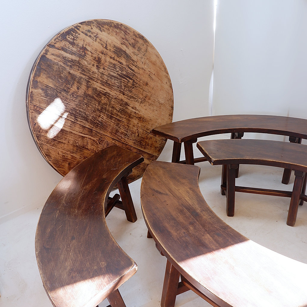 Round Table with 4 Curved Benches, France 1960s