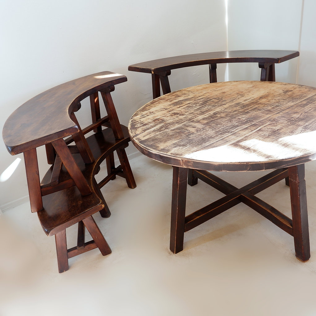 Round Table with 4 Curved Benches, France 1960s