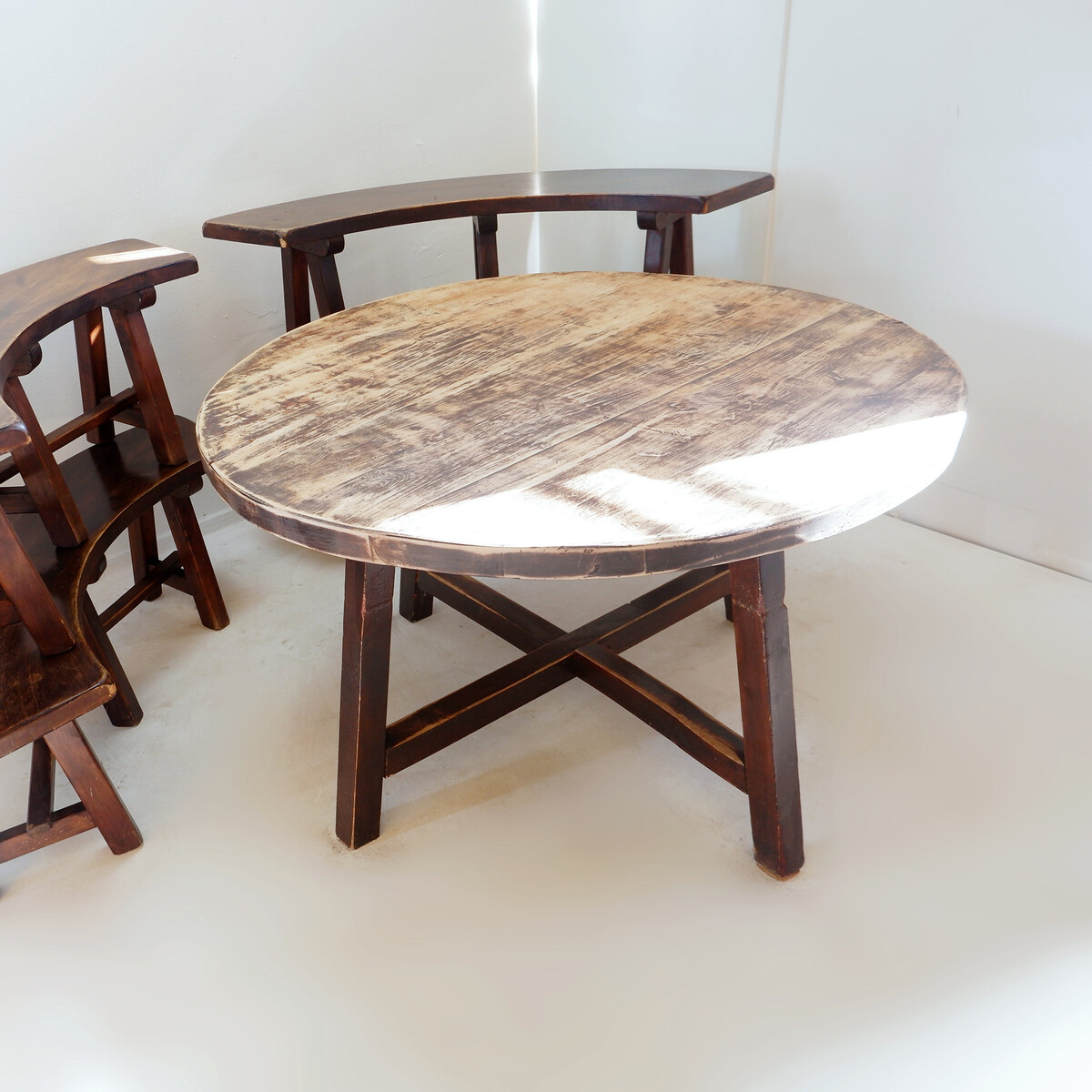 Round Table with 4 Curved Benches, France 1960s