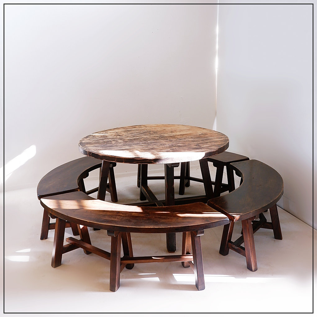 Round Table with 4 Curved Benches, France 1960s
