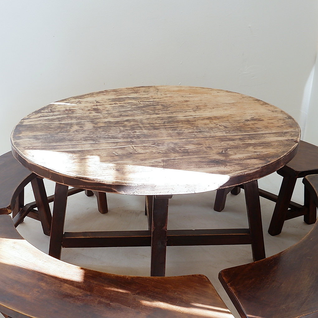 Round Table with 4 Curved Benches, France 1960s