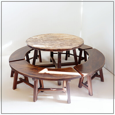 Round Table with 4 Curved Benches, France 1960s