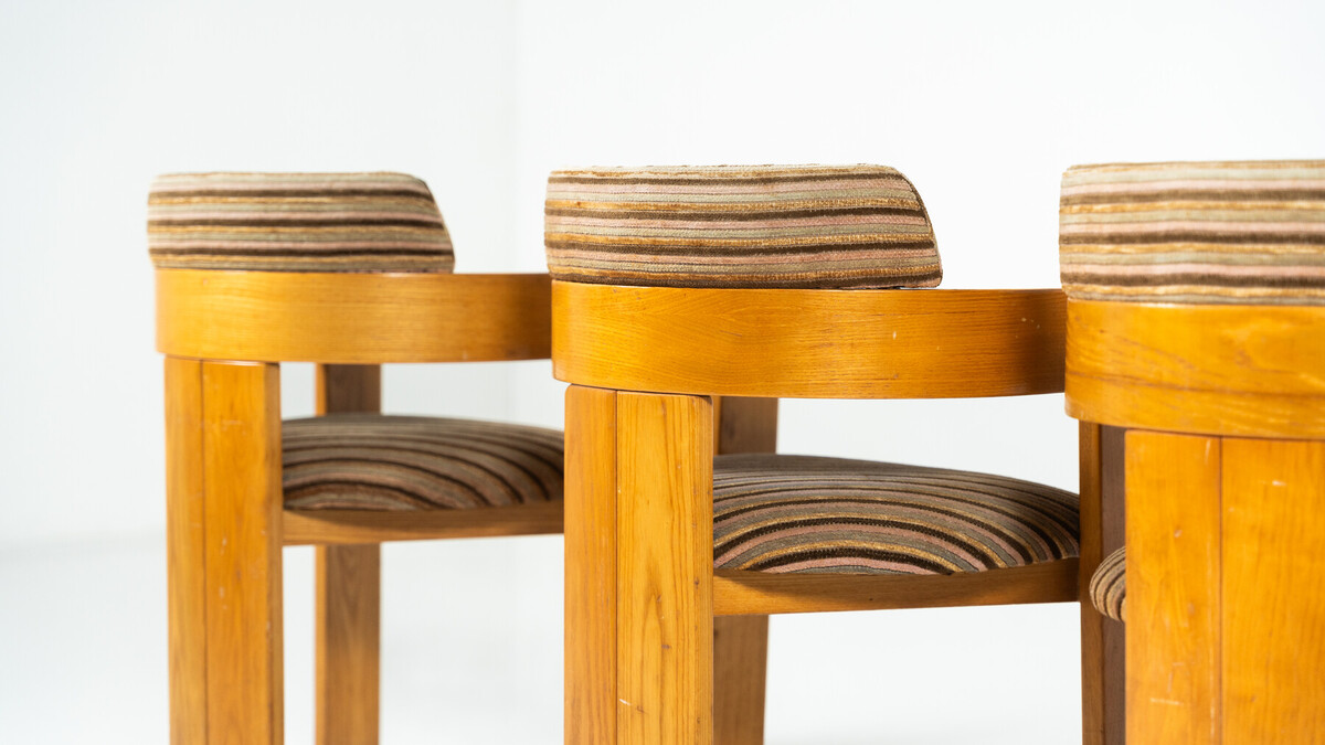 Set of 4 Armchairs, Wood and Fabric, Italy, 1970s