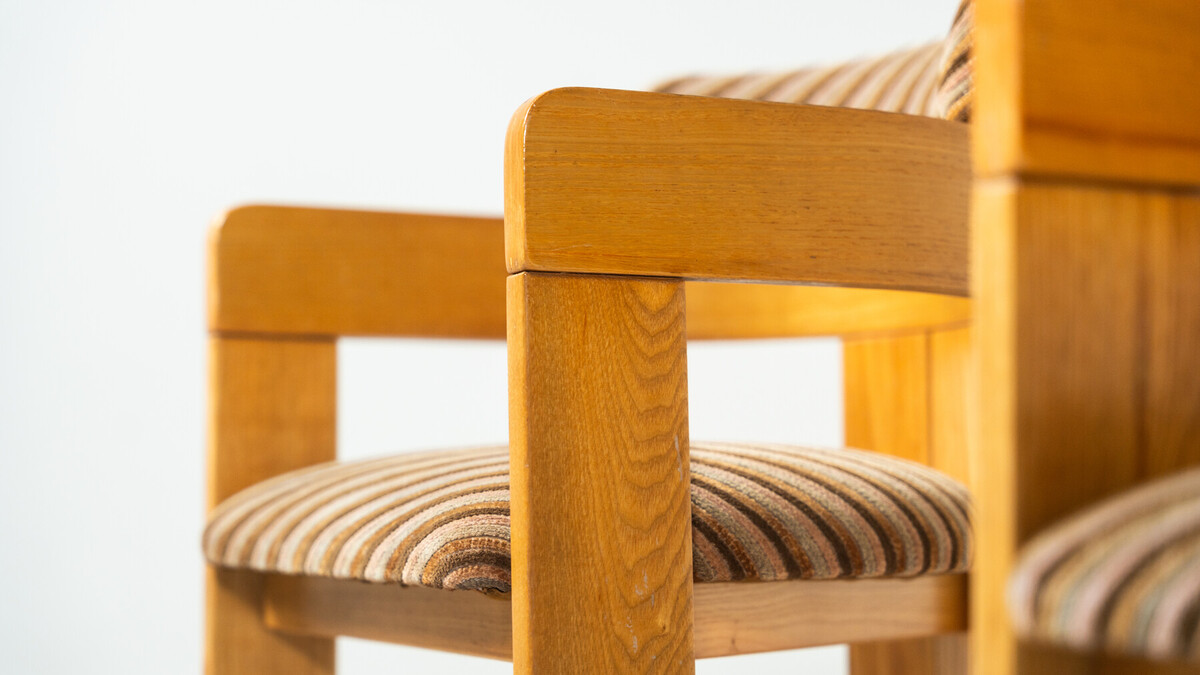 Set of 4 Armchairs, Wood and Fabric, Italy, 1970s