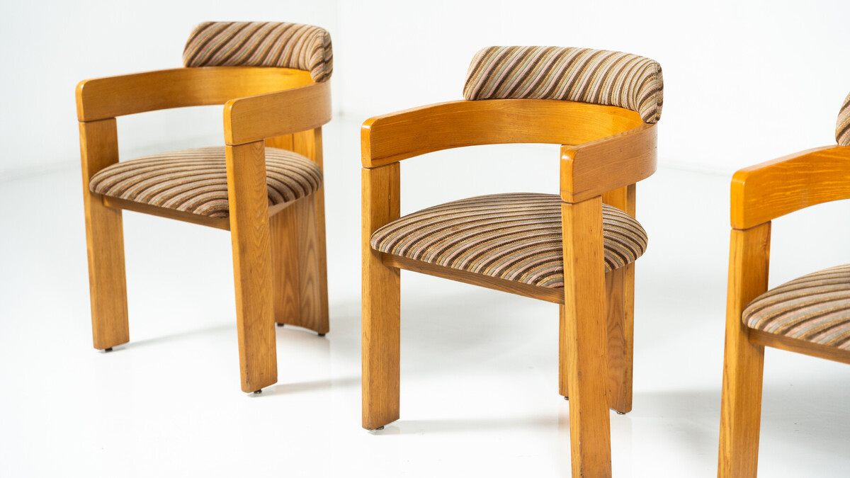 Set of 4 Armchairs, Wood and Fabric, Italy, 1970s