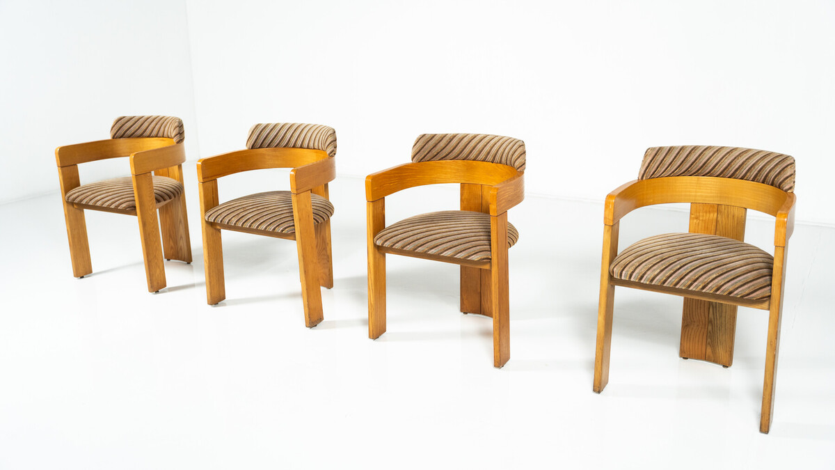 Set of 4 Armchairs, Wood and Fabric, Italy, 1970s