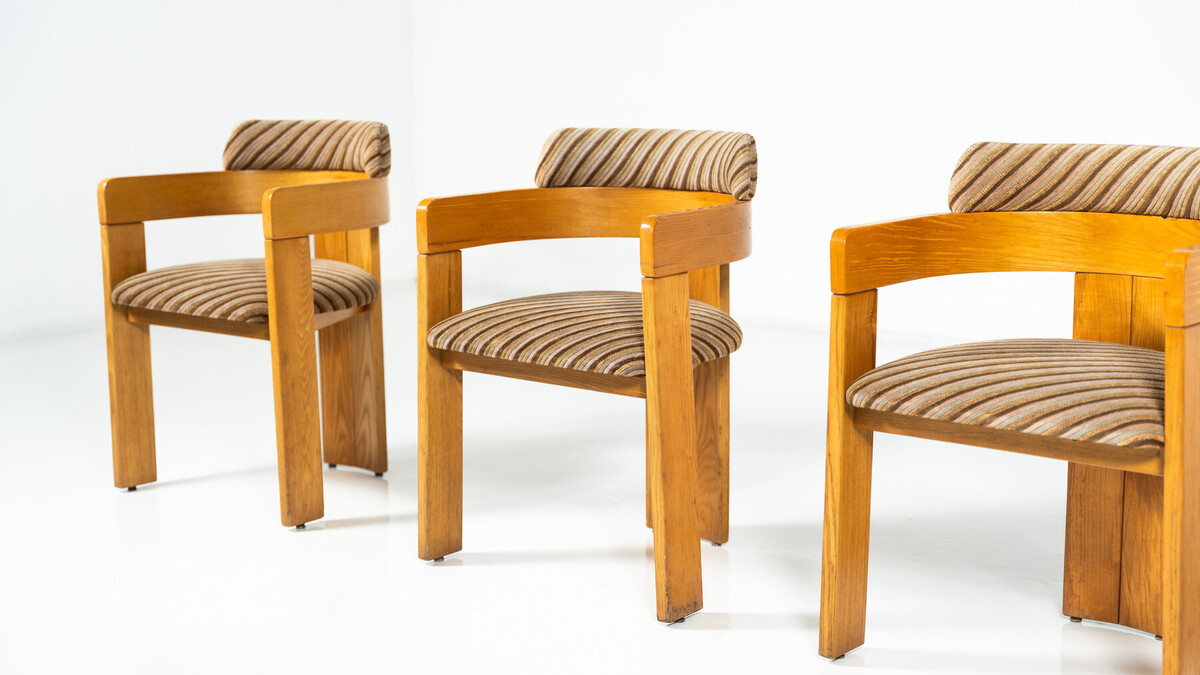 Set of 4 Armchairs, Wood and Fabric, Italy, 1970s
