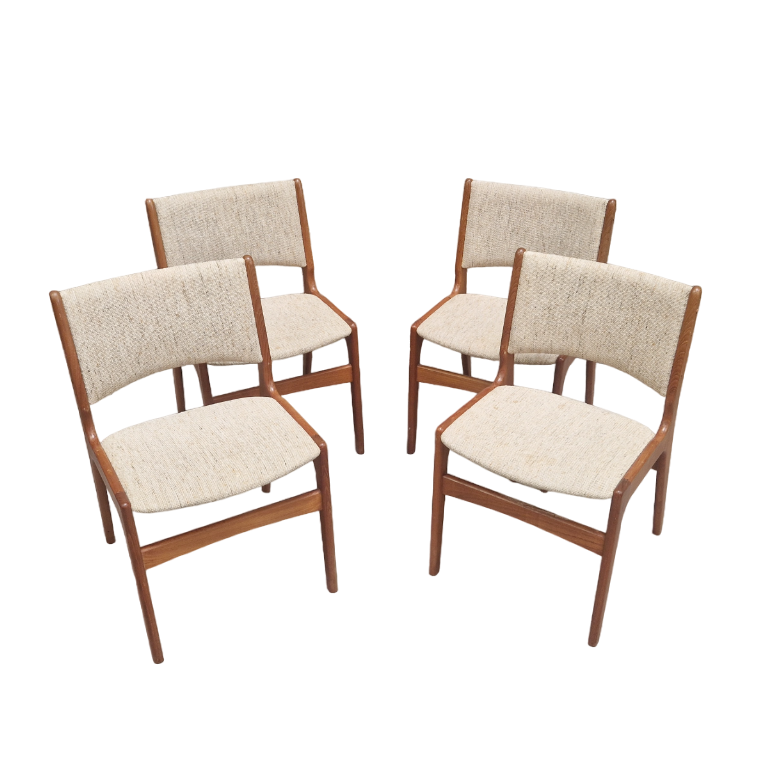 set of 4 Danish chairs in solid teak, 1970s. Fabric in used condition.