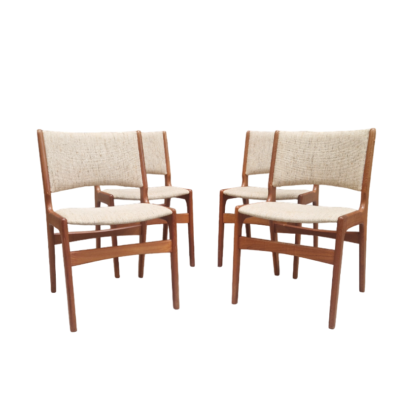 set of 4 Danish chairs in solid teak, 1970s. Fabric in used condition.