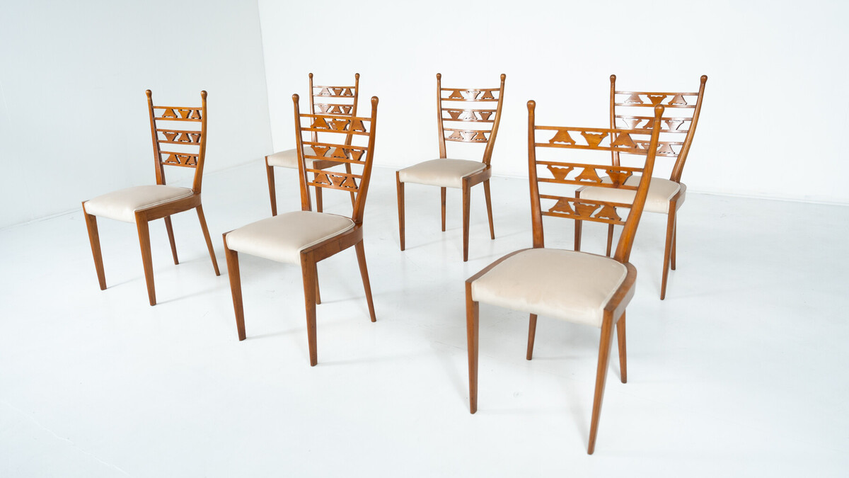 Set of 6 Chairs, Cherry Wood, Italy, 1940s