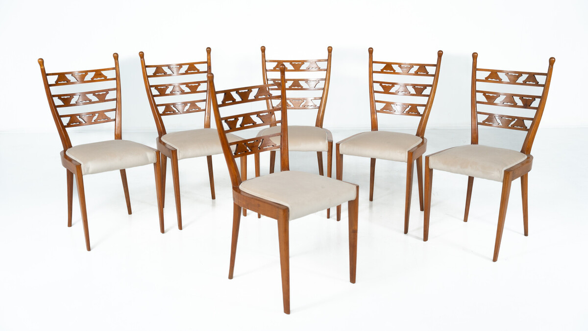 Set of 6 Chairs, Cherry Wood, Italy, 1940s