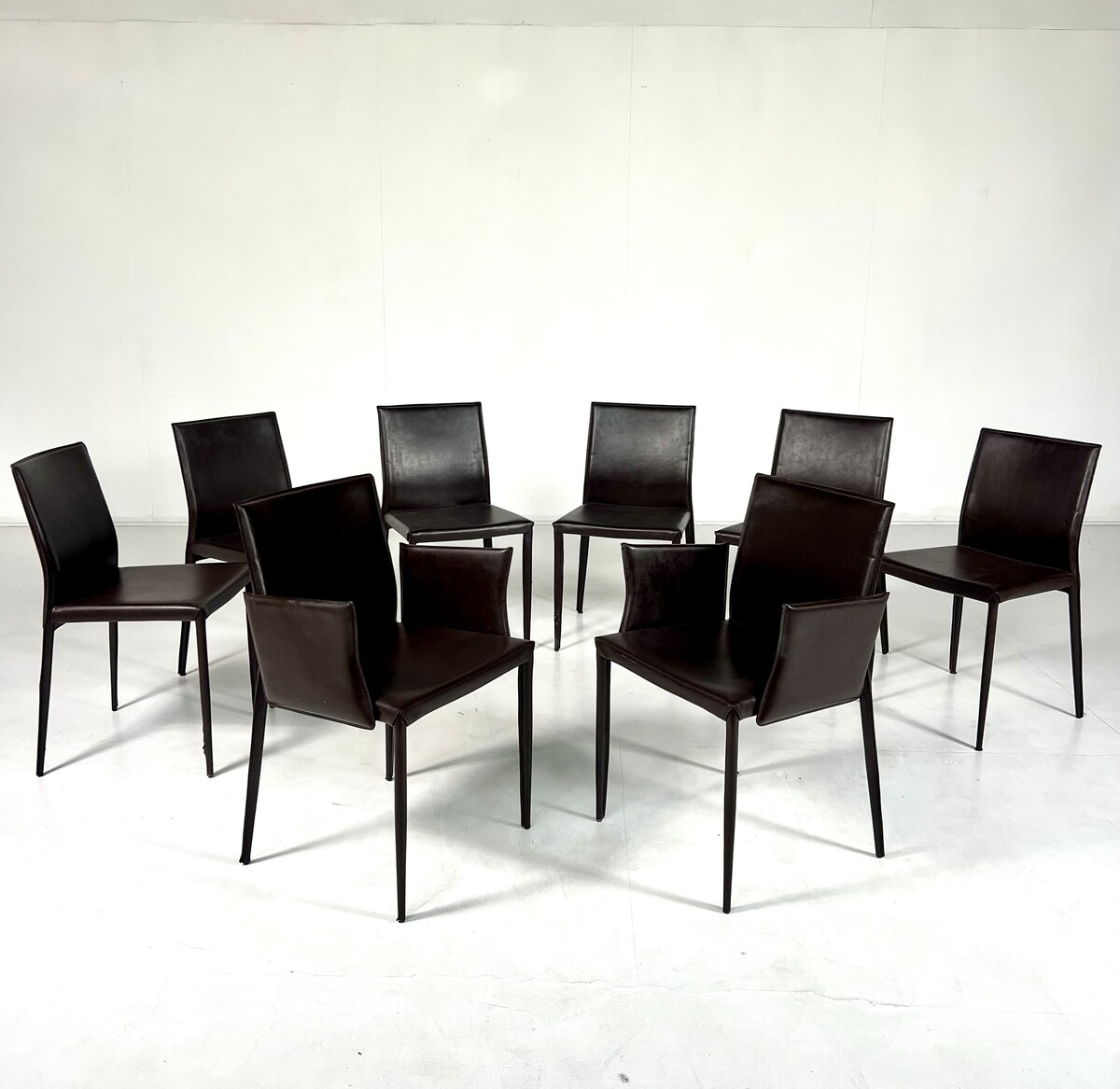 Set of 8 Brown Leather Chairs In The Style Of Mario Bellini, Italy, 1980s