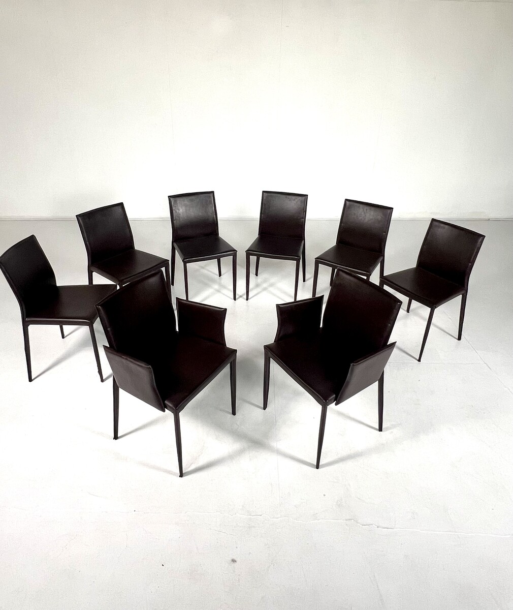 Set of 8 Brown Leather Chairs In The Style Of Mario Bellini, Italy, 1980s