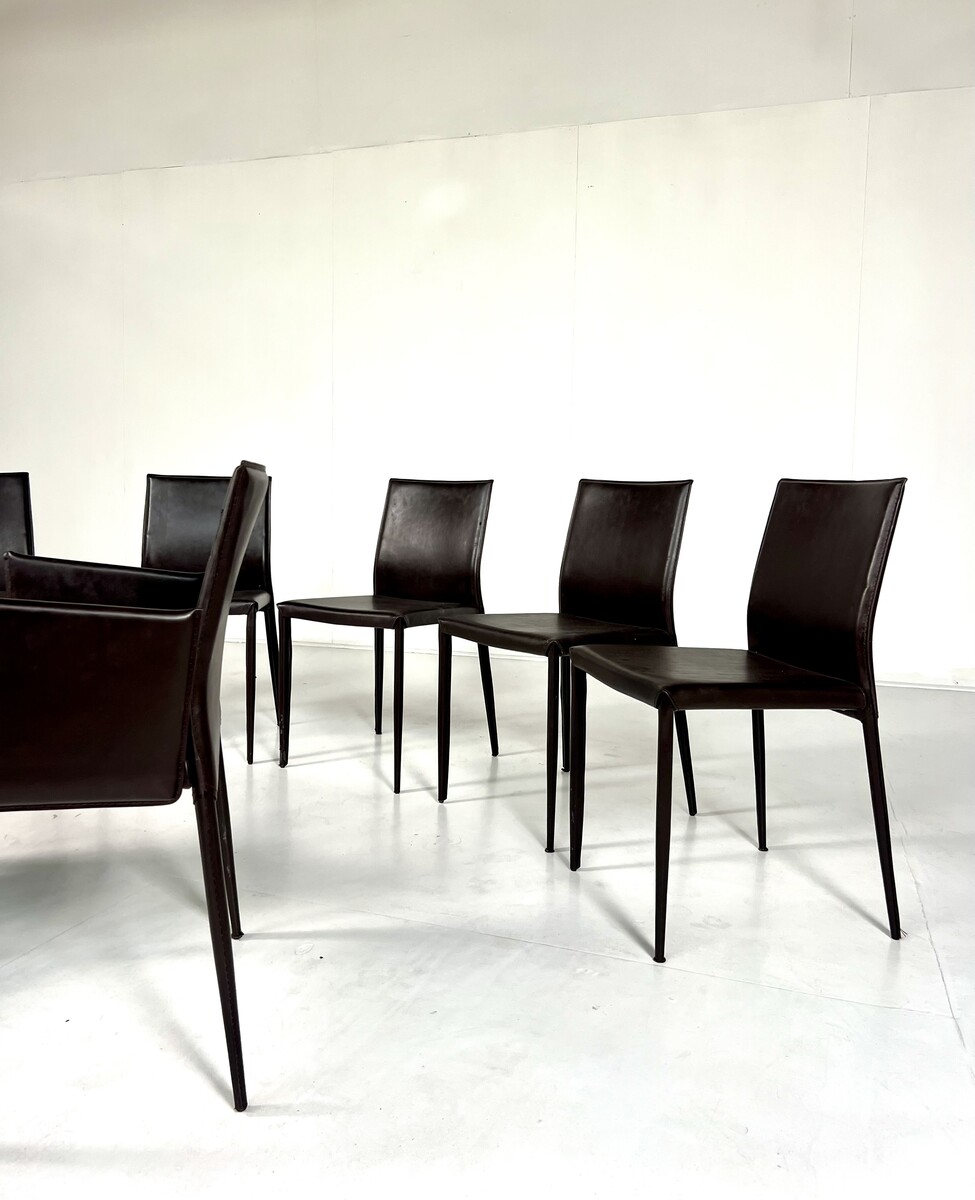 Set of 8 Brown Leather Chairs In The Style Of Mario Bellini, Italy, 1980s