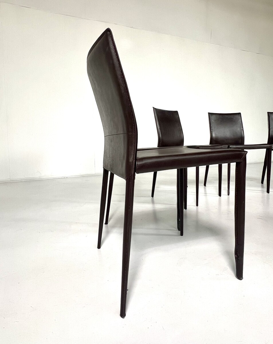 Set of 8 Brown Leather Chairs In The Style Of Mario Bellini, Italy, 1980s