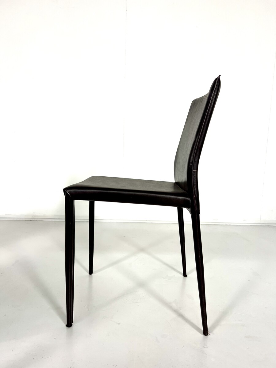 Set of 8 Brown Leather Chairs In The Style Of Mario Bellini, Italy, 1980s